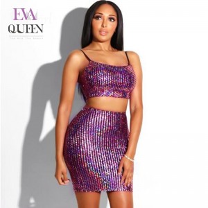 EvaQueen Sexy Sequined 2 Piece Set Women 2018 Spaghetti Strap Crop Top And High Waist Two Piece Set Mini Skirt Party Outfits